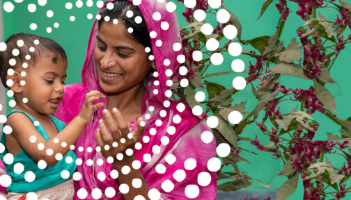 Shamima and her child Toha in Bangladesh. There's an illustrated ring of small dots surrounding their faces.